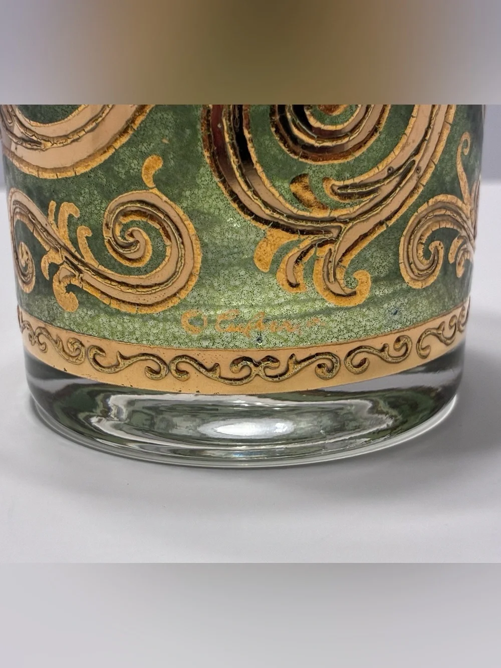 MCM Set of 4 Culver TOLEDO Green Gold Scroll Highball Glasses Tumblers 12 oz.